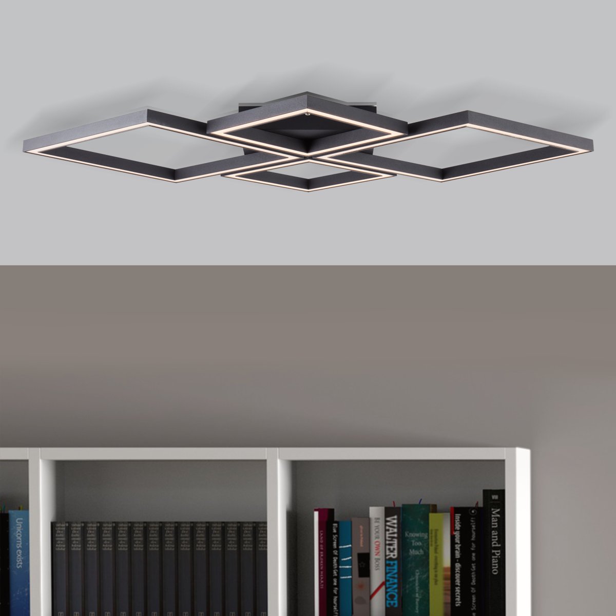 Quon 86cm Svart plafond Fra Brilliant - Denne energieffektive LED-taklampen skaper en behagelig atmosfære med sitt varmhvite lys og er utstyrt med en fjernkontroll som gjør det mulig å justere lysstyrken trinnløst.