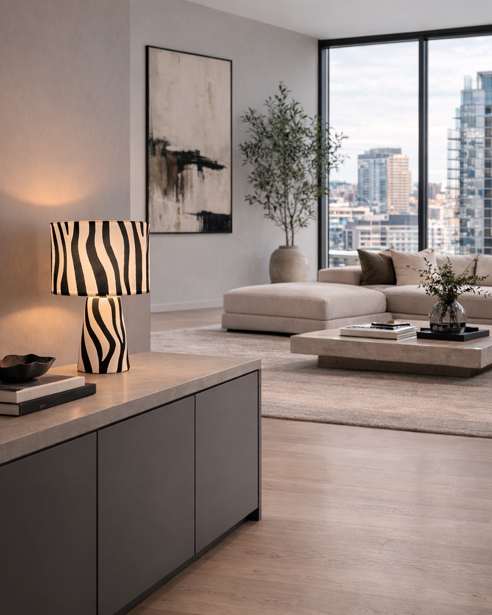 Zany 43cm Svart og hvitt bordlampe Fra By Rydéns - Lampen er laget av tekstil og metall og har et uttrykksfullt sebram&oslash;nster som gir rommet et personlig og trendy preg.