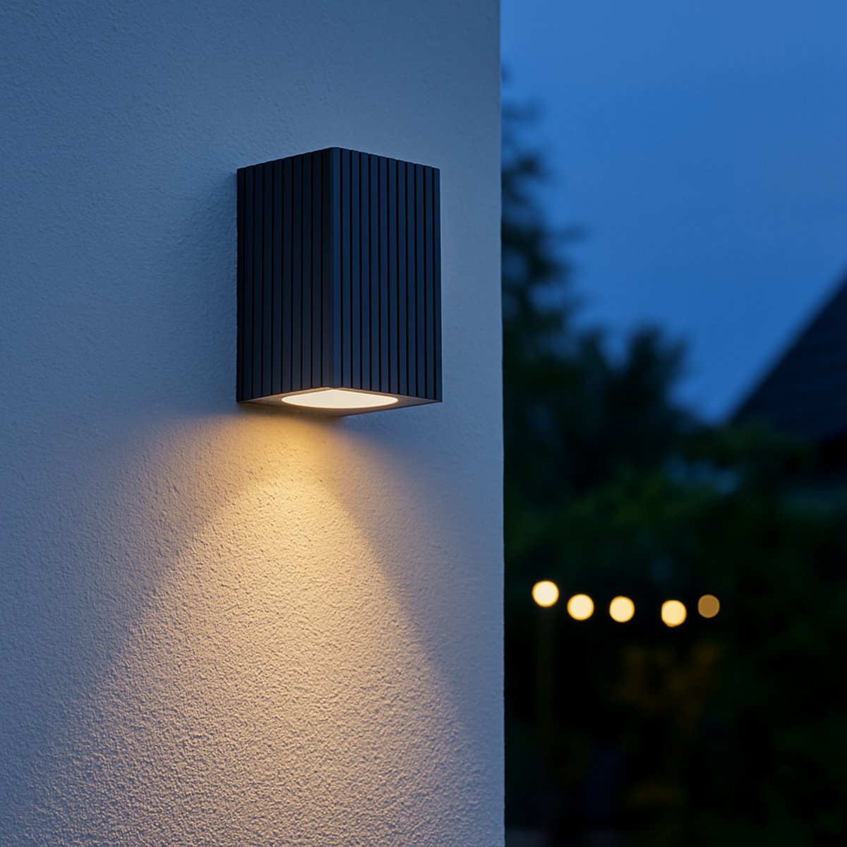 Jelani Svart utendørslampe Fra Brilliant - Lampen er designet for å spre et fokusert lys nedover, noe som skaper en vakker lyseffekt på veggen og bidrar til både trygghet og atmosfære i utendørsmiljøer.