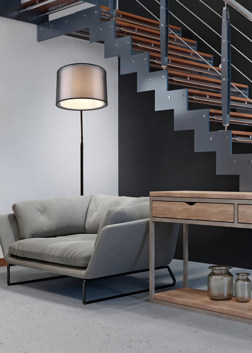 Burton Svart gulvlampe Fra Trio Lighting - Den moderne kombinasjonen av en indre hvit stoffskjerm og en ytre gjennomsiktig sort plastskjerm ser både individuell og forfriskende ut og kan integreres i moderne livsstil ved; mange måter.