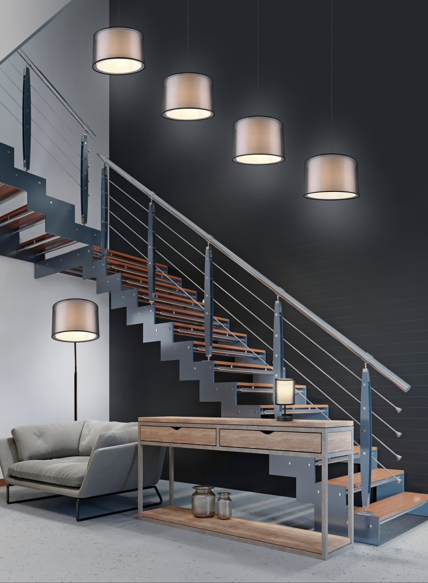 Burton Svart gulvlampe Fra Trio Lighting - Den moderne kombinasjonen av en indre hvit stoffskjerm og en ytre gjennomsiktig sort plastskjerm ser både individuell og forfriskende ut og kan integreres i moderne livsstil ved; mange måter.