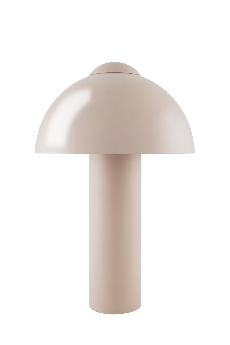 Buddy 36cm Sand bordlampe Fra Globen Lighting - Den matte lampefoten og toppen st&aring;r i kontrast til en h&oslash;yglanset lampeskjerm.