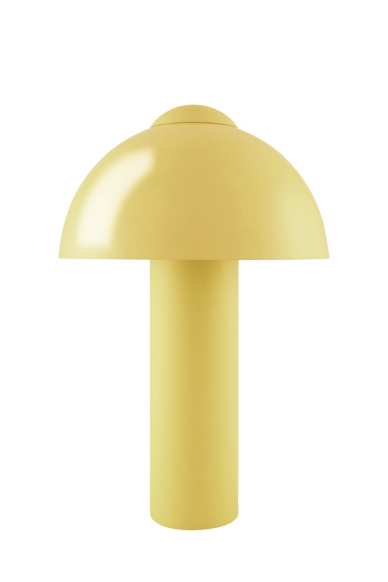 Buddy 36cm Gul bordlampe Fra Globen Lighting - Den matte lampebasen og toppen står i kontrast til en høyglanset lampeskjerm.