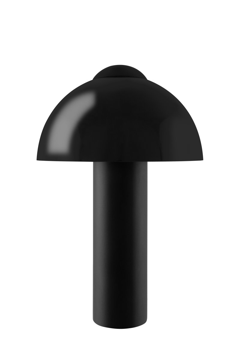 Buddy 36cm Svart bordlampe Fra Globen Lighting - Den matte lampebasen og toppen st&aring;r i kontrast til en h&oslash;yglanset lampeskjerm.
