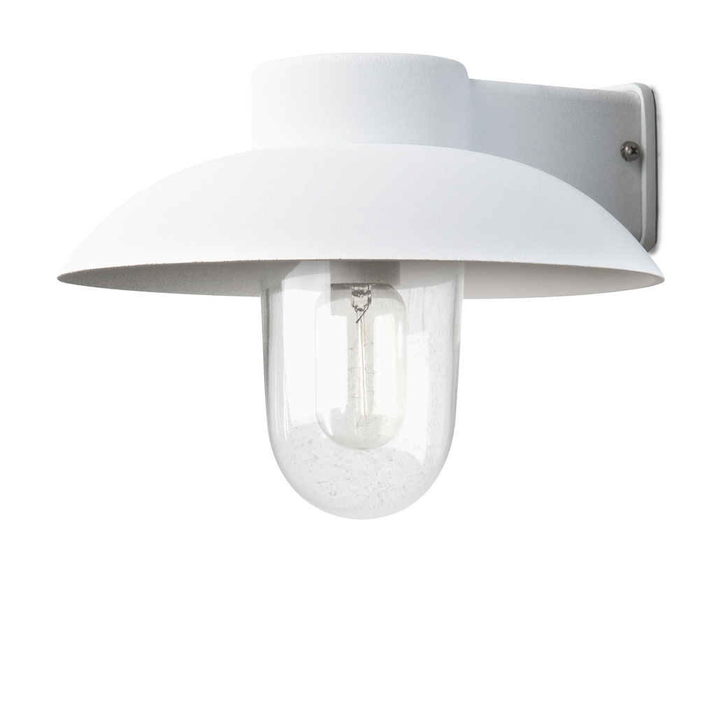 Mani Hvit utendørslampe Fra Konstsmide - Den brede skjermen og den klare glasskuppelen sprer et behagelig og rettet lys, noe som gjør lampen perfekt for entre og uteplasser.