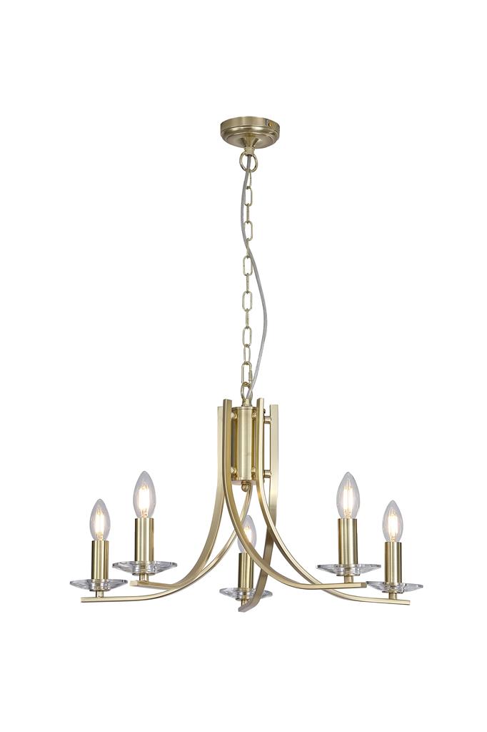 Ascona Ø62 Messing Taklampe Fra Searchlight - Ascona er en metalllysekrone med satengmessingfinish og et mykt buet armdesign som gir et elegant og tidløst uttrykk.