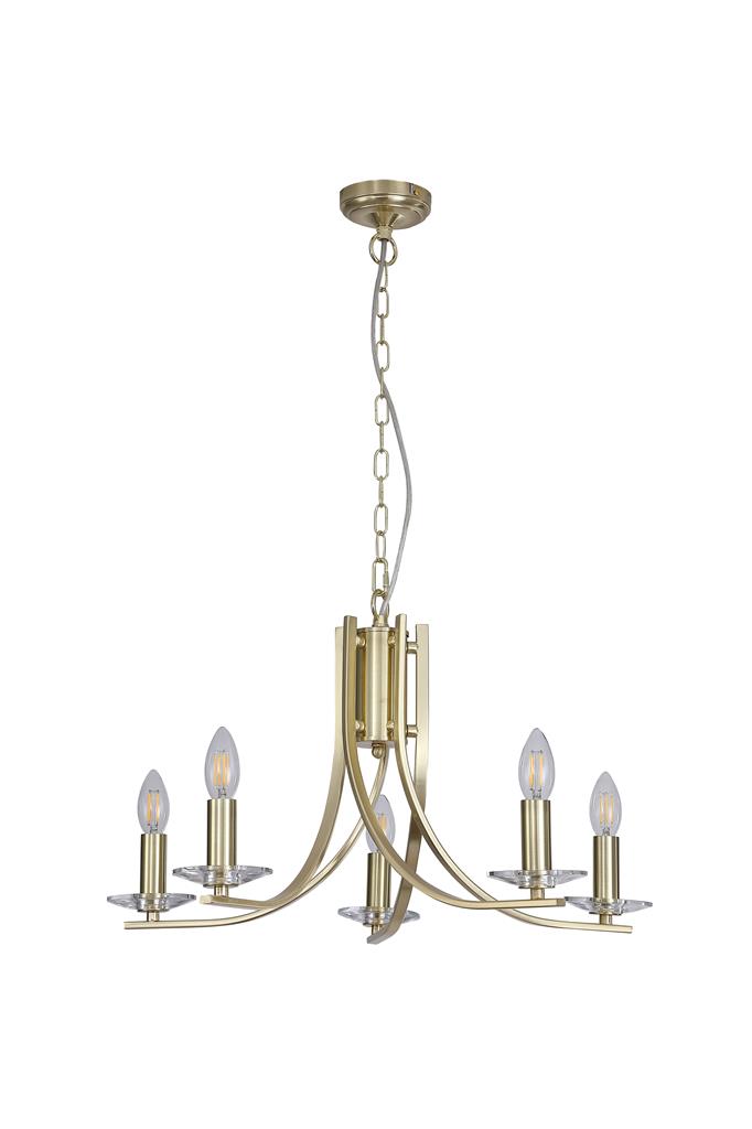 Ascona Ø62 Messing Taklampe Fra Searchlight - Ascona er en metalllysekrone med satengmessingfinish og et mykt buet armdesign som gir et elegant og tidløst uttrykk.