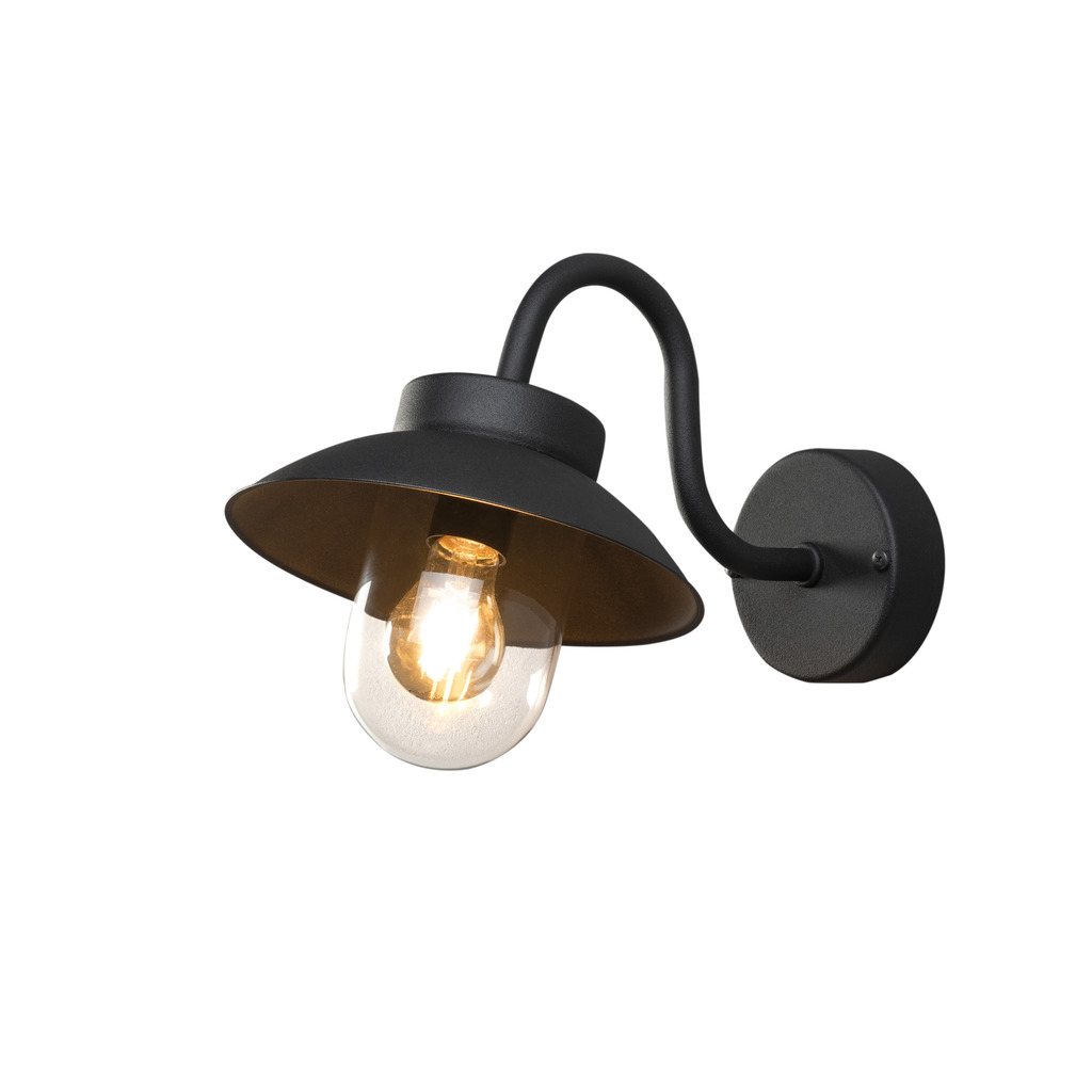 Vega Svart utendørslampe Fra Konstsmide - Den brede skjermen og den klare glasskuppelen sprer et behagelig og rettet lys, noe som gjør lampen perfekt for entre og uteplasser.