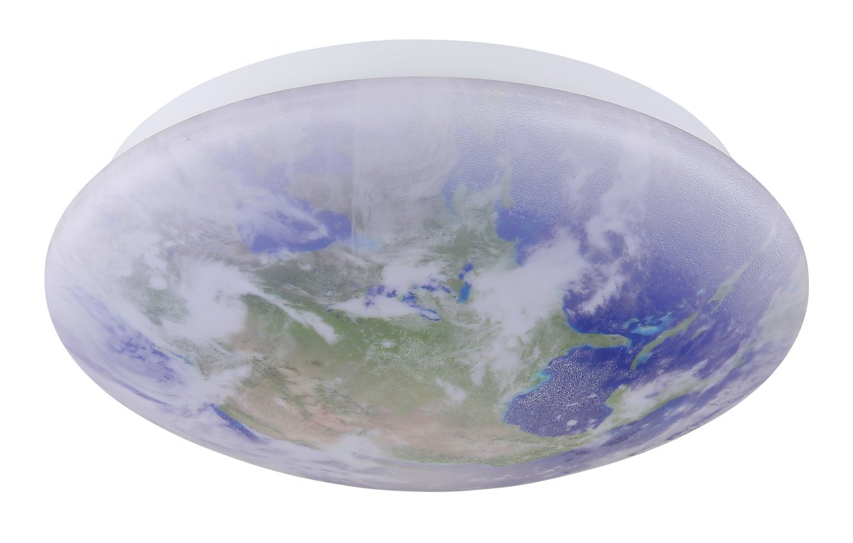 Gaia Ø26 Flerfarget barnelampe Fra Globo Lighting - Gaia &auml;r en unik plafond med en detaljerad v&auml;rld och molnmotiv p&aring; sk&auml;rmen.