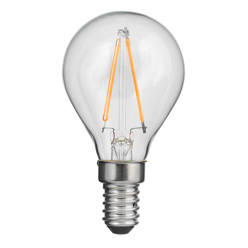 LED E14 kulepære 2W 2700K Gjennomsiktig Fra Unison - Med kun 2W effekt og et mykt, varmt lys p&aring; 2700K er den b&aring;de energieffektiv og perfekt for &aring; skape en hyggelig atmosf&aelig;re i mindre lamper eller dekorative installasjoner.
