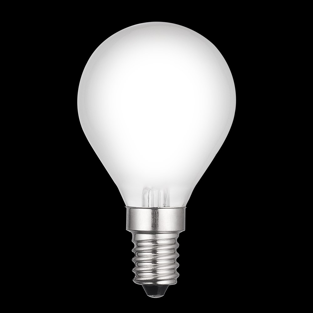 LED E14 kulepære matt 4W 2700K Hvit Fra Unison - Den matte overflaten reduserer blending og er ideell for mindre armaturer der stemningsfull og energieffektiv belysning &oslash;nskes.