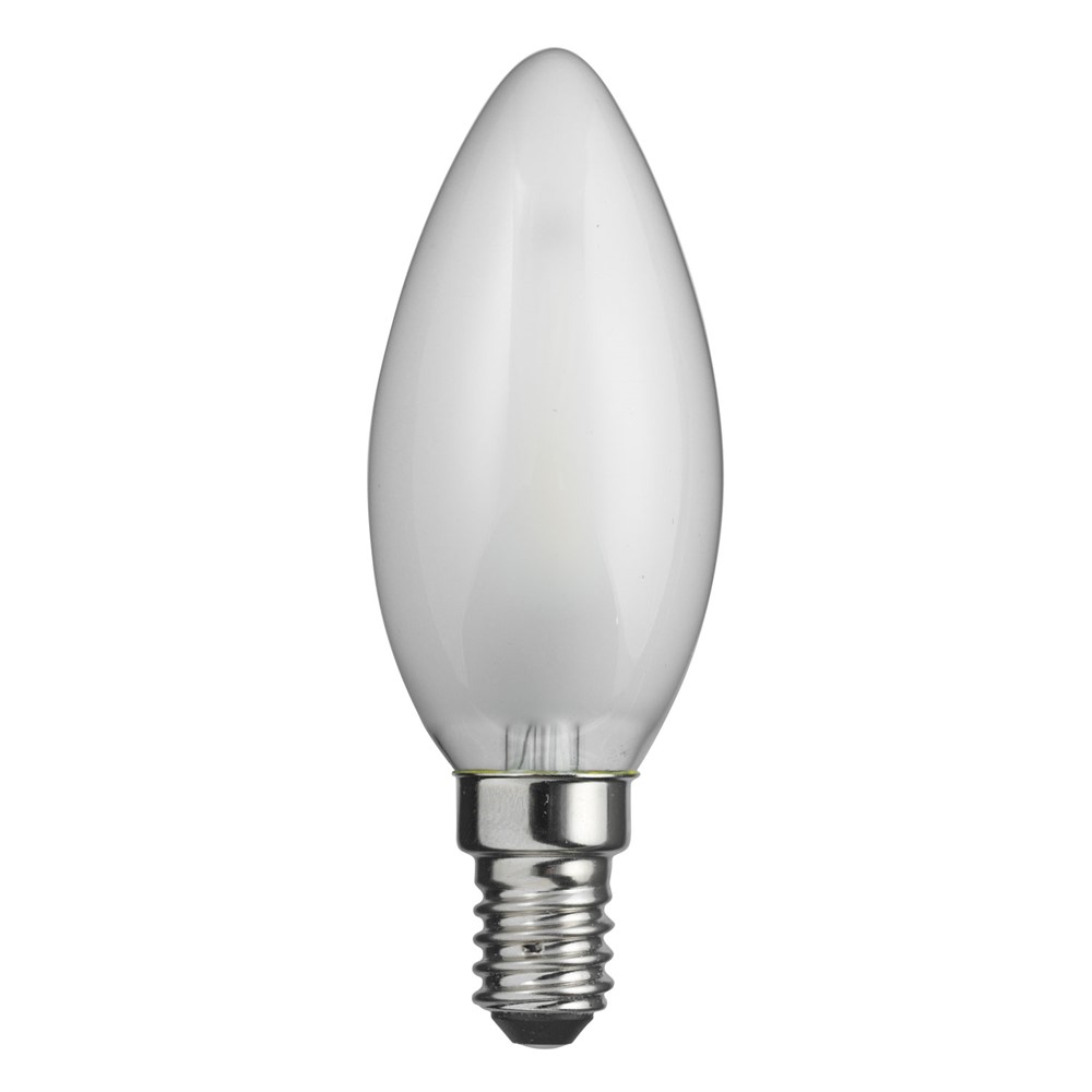 LED E14 Kronelyspære matt 0,8W 2700K Hvit Fra Unison - Den elegante kronlysformen og den matte overflaten gj&oslash;r den ideell for lysekroner og andre dekorative armaturer, hvor det er behov for atmosf&aelig;risk og energieffektiv belysning.