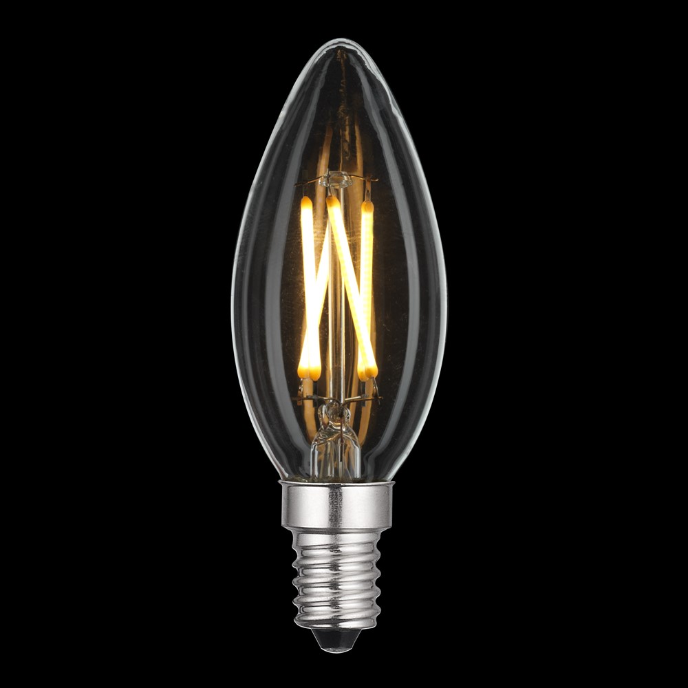 LED E14 Kronelyspære 4W 2700K Gjennomsiktig Fra Unison - Den slanke designen gj&oslash;r den perfekt for lysekroner og dekorative armaturer, da den b&aring;de sparer energi og gir et stilig inntrykk.