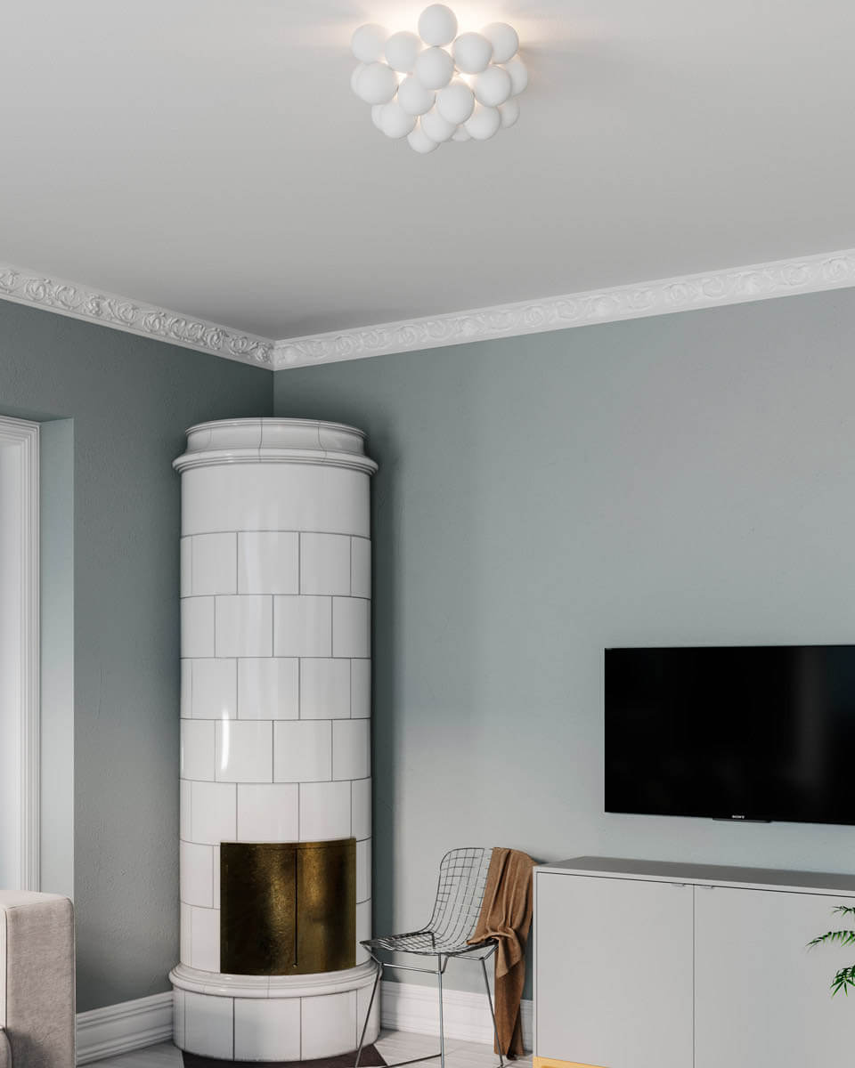 Gross Ø50 Hvit plafond Fra By Rydéns - Gross plafond er en dekorativ taklampe som best&aring;r av 20 munnbl&aring;ste glasskuler, hver med en diameter p&aring; 10 cm.