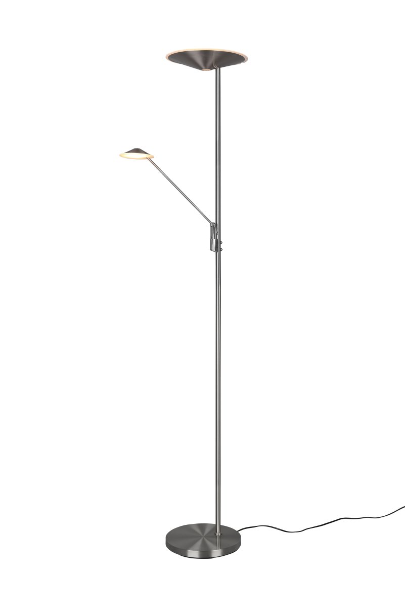 Brantford Børstet stål gulvlampe Fra Trio Lighting - Med sin integrerte sensordimmer kan du enkelt justere lysstyrke og farge, mens hovedlyskilden og lesearmen kan brukes separat for fleksibel belysning.