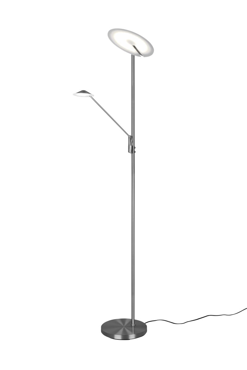 Brantford Børstet stål gulvlampe Fra Trio Lighting - Med sin integrerte sensordimmer kan du enkelt justere lysstyrke og farge, mens hovedlyskilden og lesearmen kan brukes separat for fleksibel belysning.