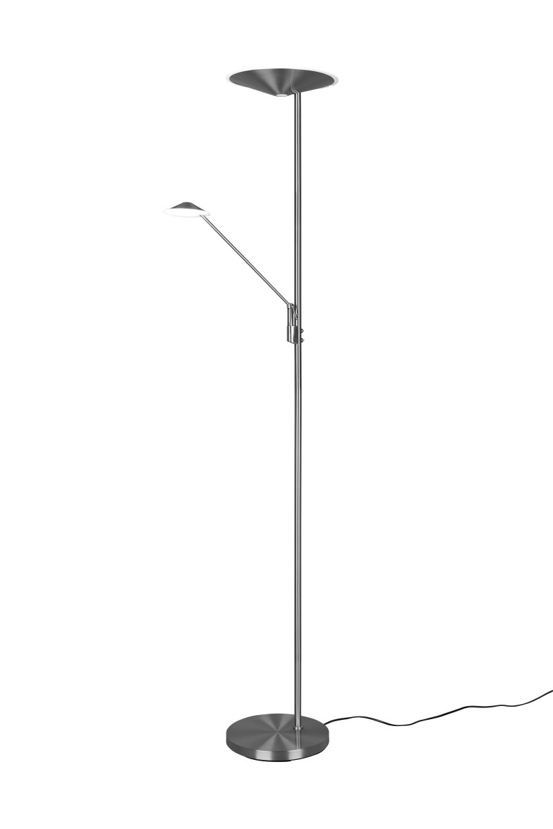 Brantford Børstet stål gulvlampe Fra Trio Lighting - Med sin integrerte sensordimmer kan du enkelt justere lysstyrke og farge, mens hovedlyskilden og lesearmen kan brukes separat for fleksibel belysning.