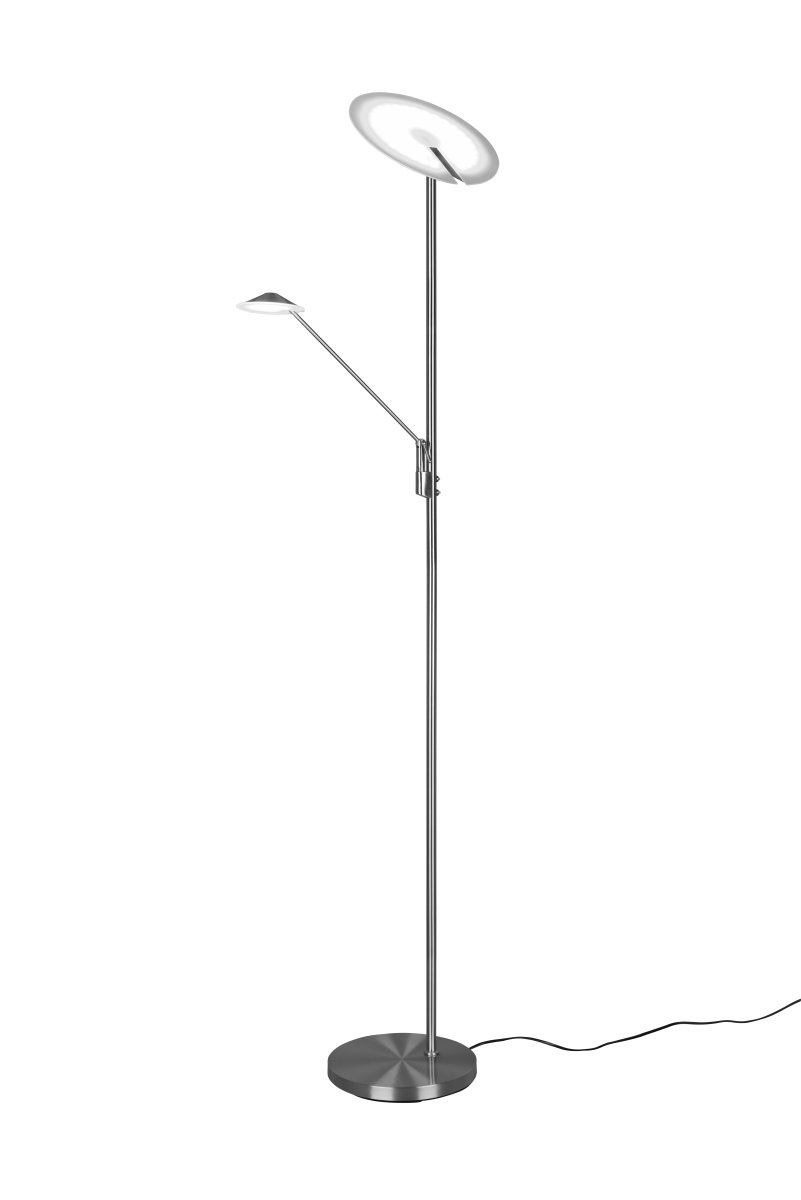 Brantford Børstet stål gulvlampe Fra Trio Lighting - Med sin integrerte sensordimmer kan du enkelt justere lysstyrke og farge, mens hovedlyskilden og lesearmen kan brukes separat for fleksibel belysning.