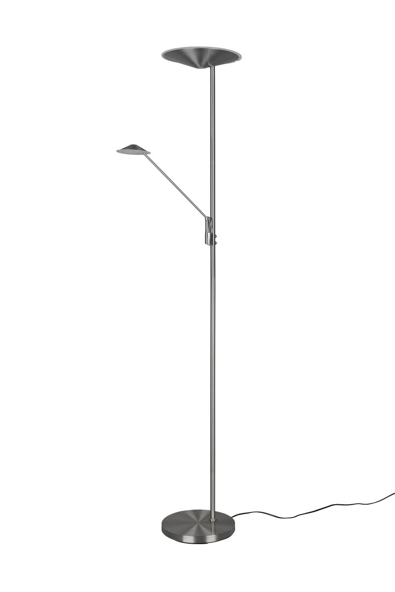 Brantford Børstet stål gulvlampe Fra Trio Lighting - Med sin integrerte sensordimmer kan du enkelt justere lysstyrke og farge, mens hovedlyskilden og lesearmen kan brukes separat for fleksibel belysning.