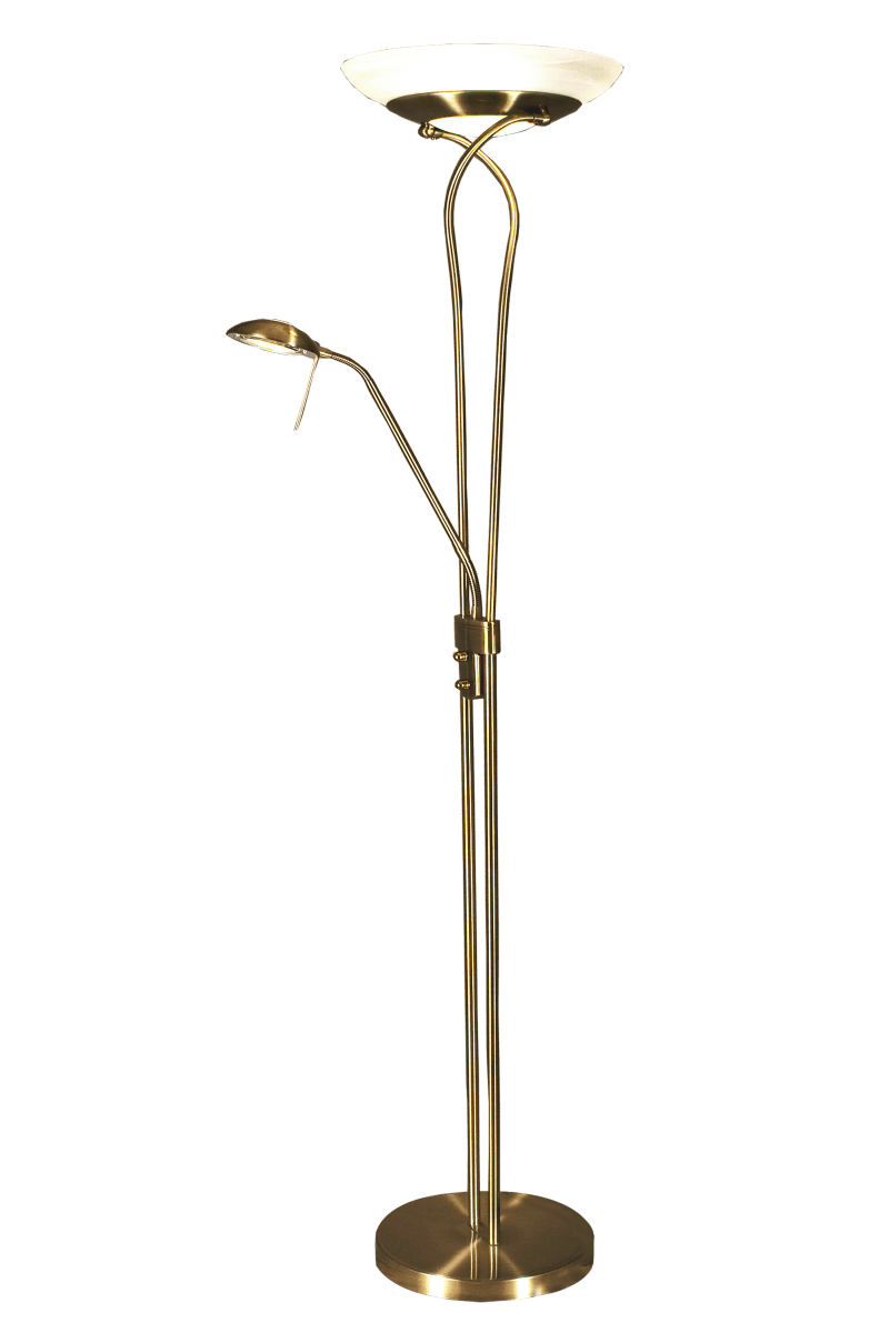 Cannes Antikk messing gulvlampe Fra Aneta Lighting - Uplighten og lampen har integrert LED som styres med to; separate dimmere på lampen.