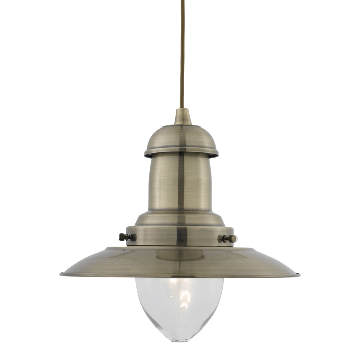 Fisherman Ø32 Antikk messing Taklampe Fra Searchlight - Fisherman taklampe i antikk messing med klar glassskjerm har en robust, landlig inspirert design med klassisk, industriell stil.