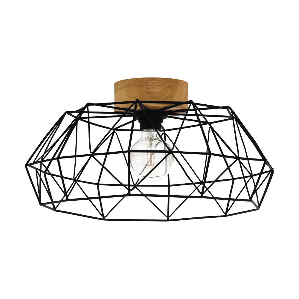 Padstow Ø45.5 Svart plafond Fra Eglo - Med en svart metallramme i en slående polygonal design og en naturlig tredetalj som står i kontrast til det industrielle, blir denne lampen et kunstverk i seg selv.