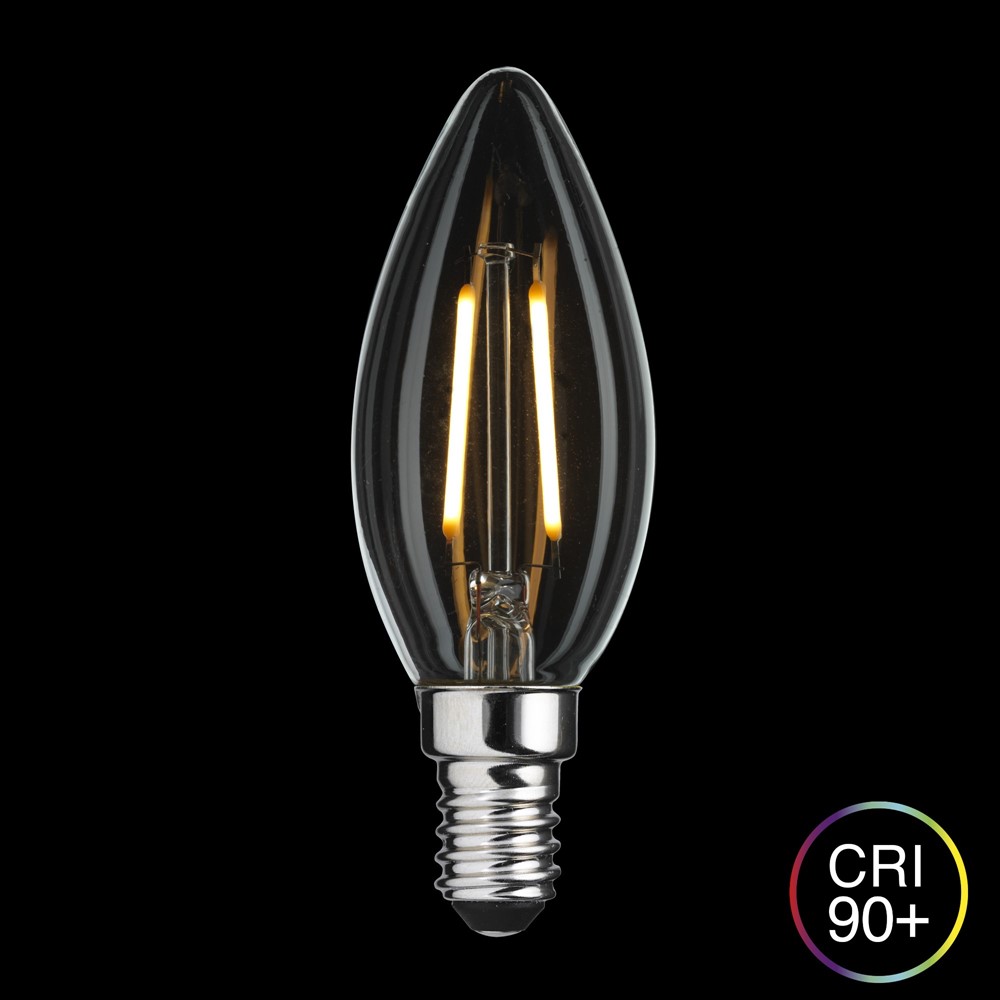 LED E14 Kronelyspære 2W 2700K dimbar Gjennomsiktig Fra Unison - Denne klare kroneformede LED-lampen har en E14-sokkel og en effekt p&aring; 2W.