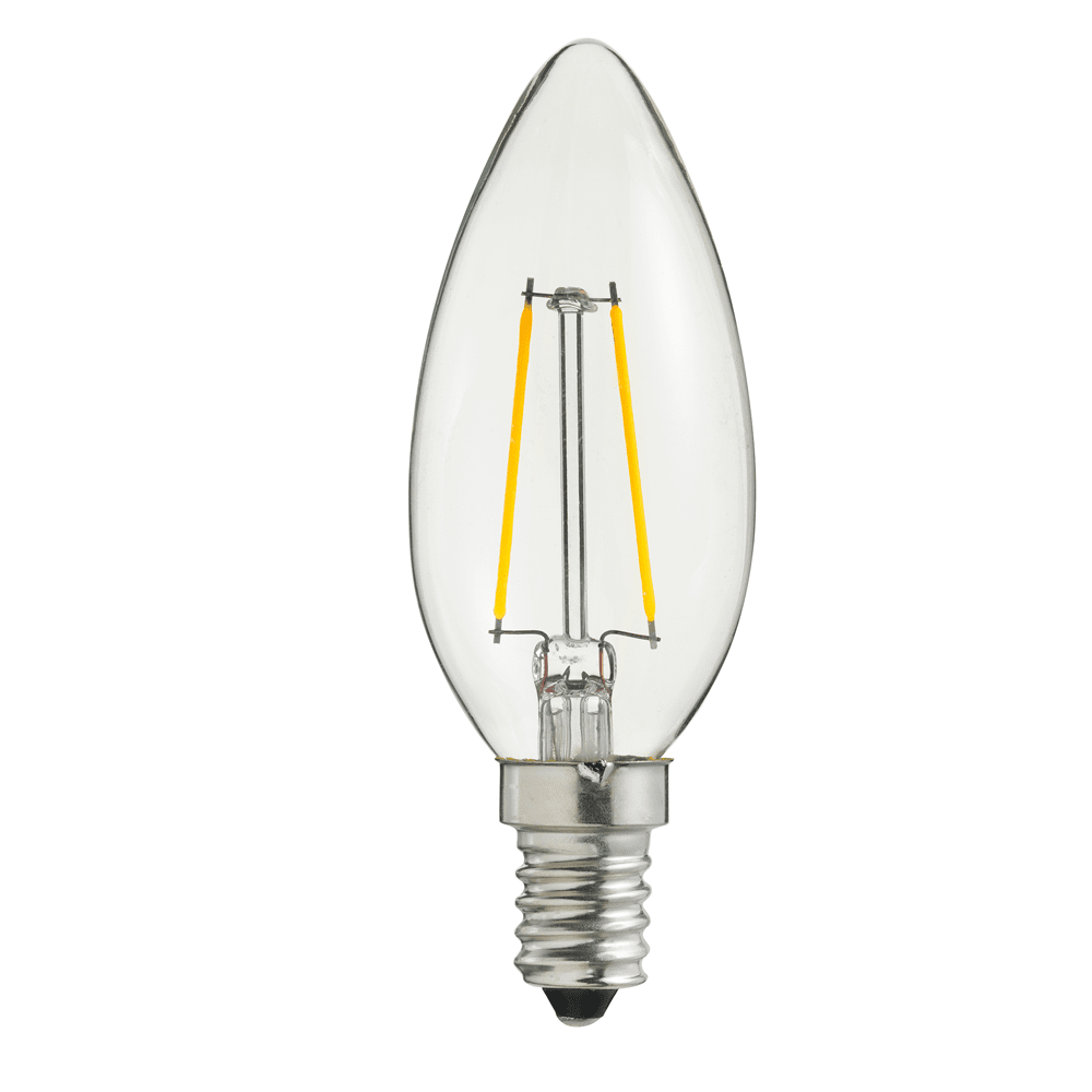 LED E14 Kronelyspære 2W 2700K dimbar Gjennomsiktig Fra Unison - Denne klare kroneformede LED-lampen har en E14-sokkel og en effekt p&aring; 2W.