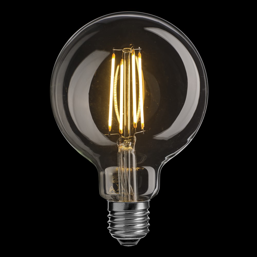 E27 Globepære 8W 2700K dimbar Gjennomsiktig Fra Unison - Dette er en UNI-LEDISON globelampe med en diameter p&aring; 100 mm og en gjennomsiktig E27-sokkel.