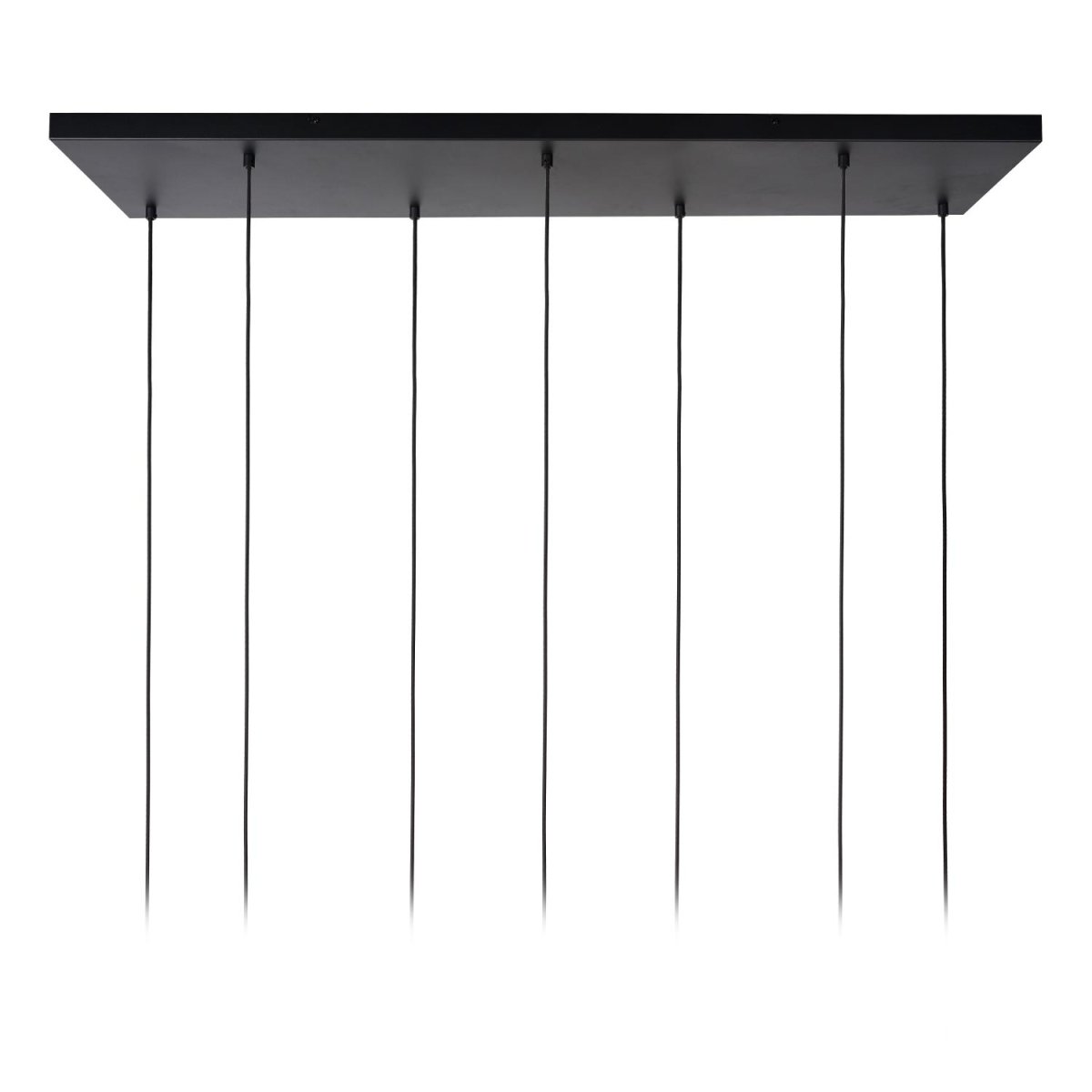 Maloto 150cm Rav Taklampe Fra Lucide - Seks hengende lamper er festet til en metallplate som måler 130 x 30 centimeter.