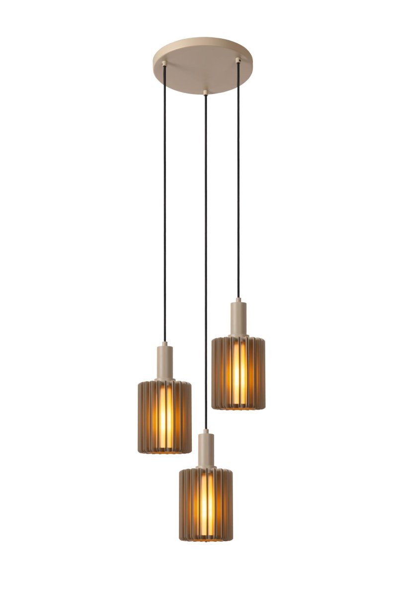 Lambres Ø40 Taupe Taklampe Fra Lucide - Hvert anheng har en ramme av fine metallribber som omslutter en diffusor i frostet glass, som skaper et mykt og jevnt varmt hvitt lys.