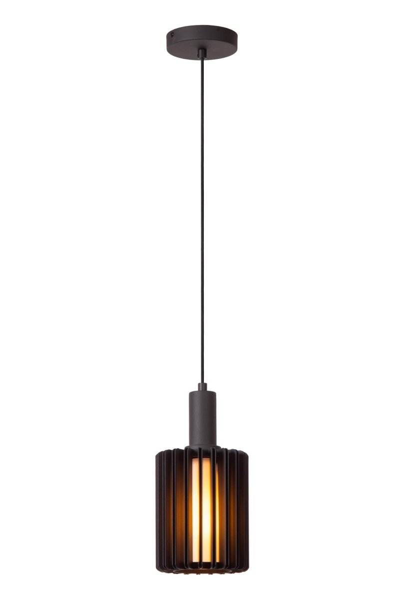 Lambres Ø15 Svart Taklampe Fra Lucide - Det sylindriske anhenget har en ramme av fine metallribber som omslutter en kuppel av frostet glass, og skaper et mykt, diffust varmt hvitt lys.