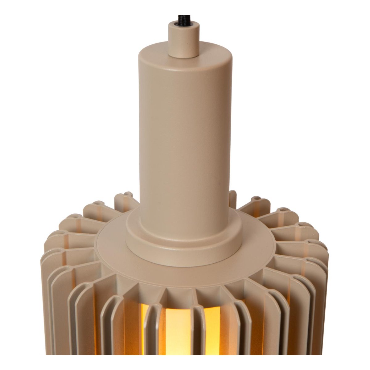 Lambres Ø15 Taupe Taklampe Fra Lucide - Det sylindriske anhenget har en ramme av fine metallribber som omslutter en kuppel av frostet glass, og skaper et mykt, diffust varmt hvitt lys.