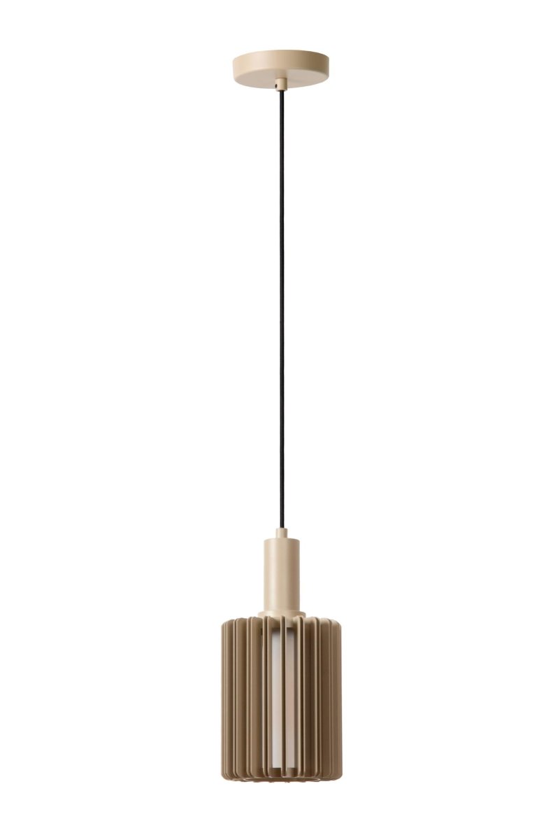 Lambres Ø15 Taupe Taklampe Fra Lucide - Det sylindriske anhenget har en ramme av fine metallribber som omslutter en kuppel av frostet glass, og skaper et mykt, diffust varmt hvitt lys.