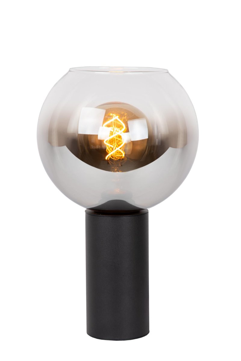 Marius 32cm Svart bordlampe Fra Lucide - Med en kompakt sylindrisk sokkel av metall og lampeskjerm i røkt glass klarer Marius seg like godt med; brystet, skrivebordet, salongbordet eller nattbordet.