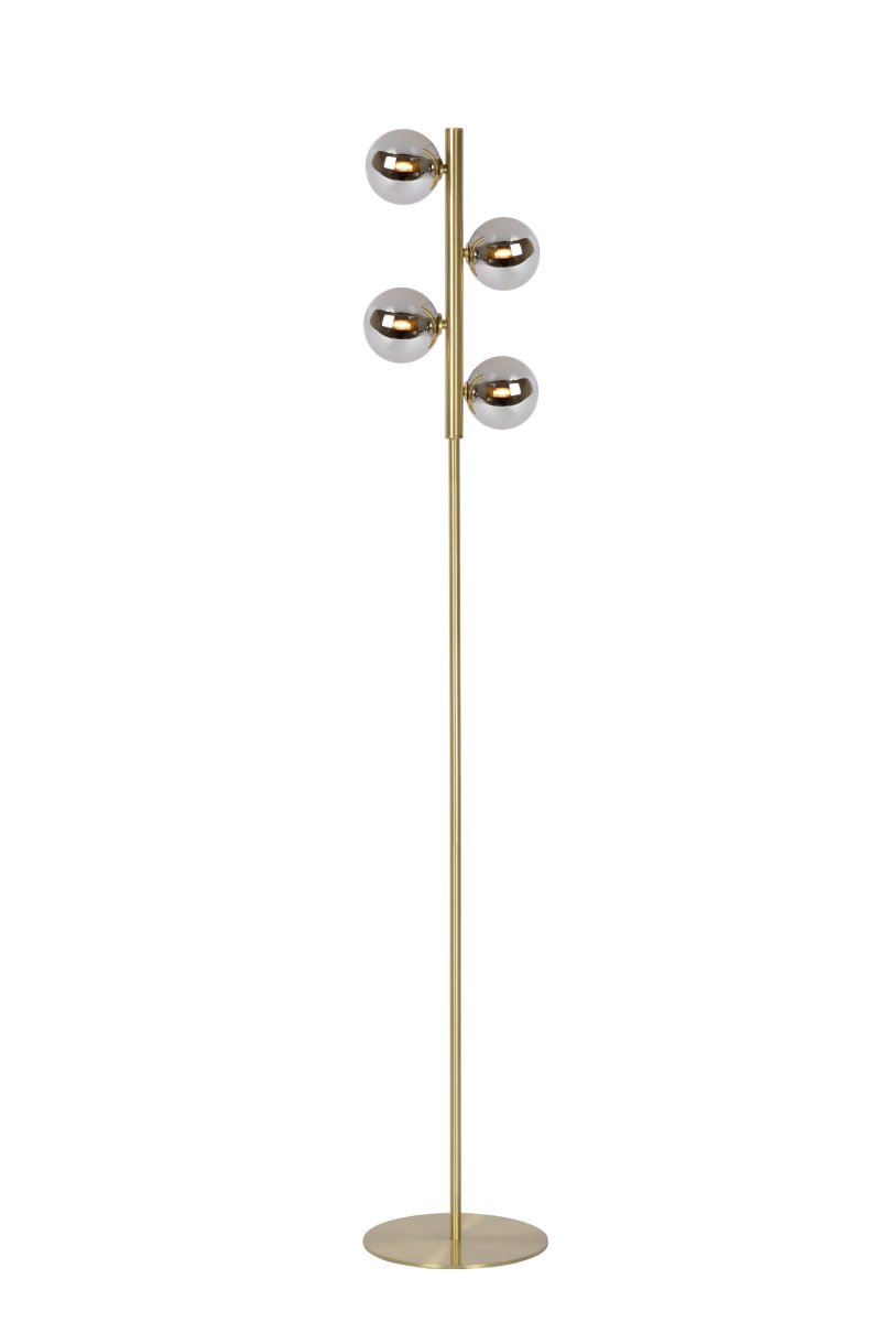 Tycho Matt gull/messing gulvlampe Fra Lucide - Den kompakte sokkelen har en diameter på 25 centimeter, noe som gjør det enkelt å plassere lampen i et hjørne eller mellom møblene dine.