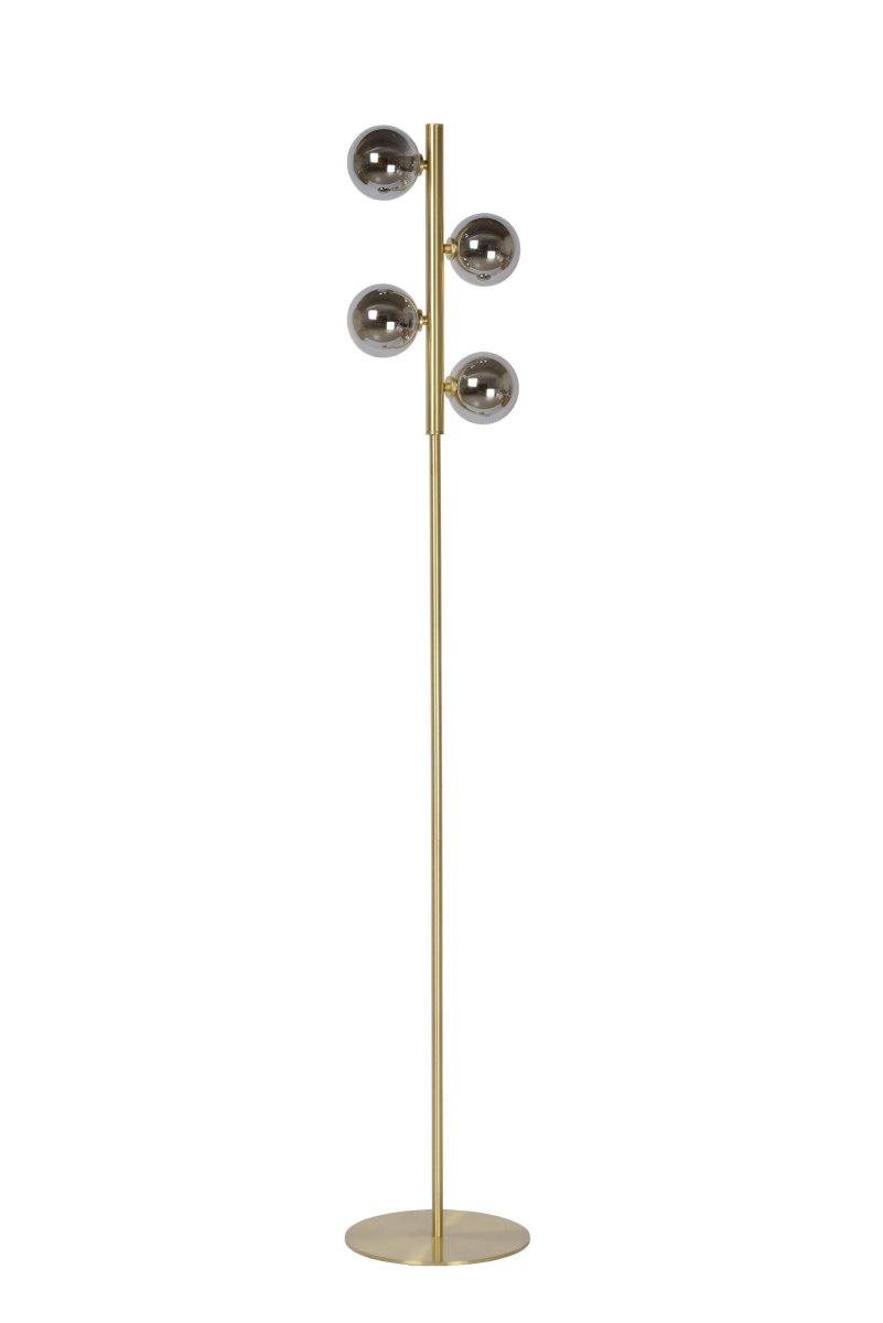 Tycho Matt gull/messing gulvlampe Fra Lucide - Den kompakte sokkelen har en diameter på 25 centimeter, noe som gjør det enkelt å plassere lampen i et hjørne eller mellom møblene dine.