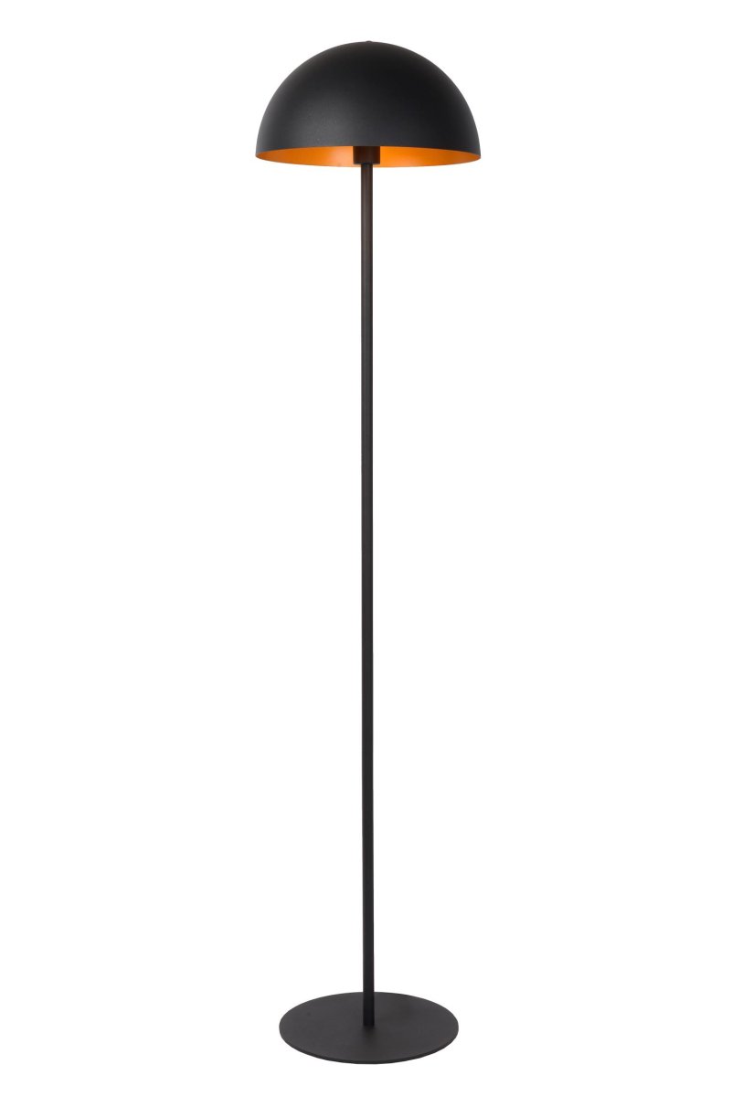 Siemon Svart gulvlampe Fra Lucide - Lyskilden sitter i midten av den halvsirkulære lampeskjermen, og lyset reflekteres lett langs skjermens vegger, og skaper en varm og innbydende atmosfære.