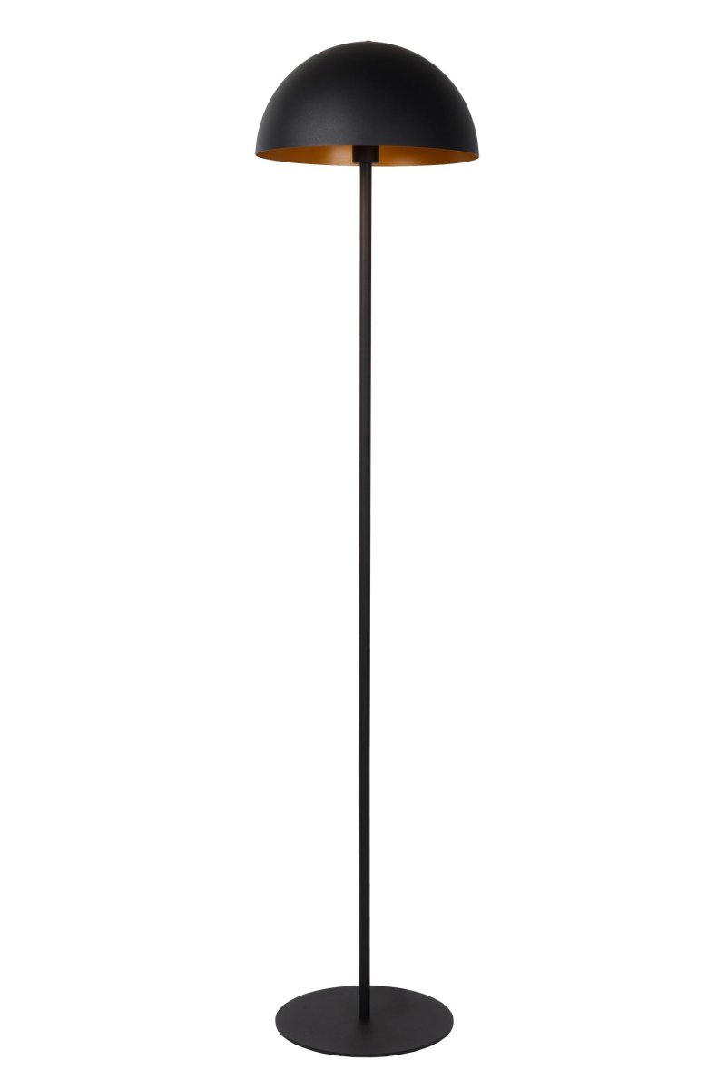 Siemon Svart gulvlampe Fra Lucide - Lyskilden sitter i midten av den halvsirkulære lampeskjermen, og lyset reflekteres lett langs skjermens vegger, og skaper en varm og innbydende atmosfære.