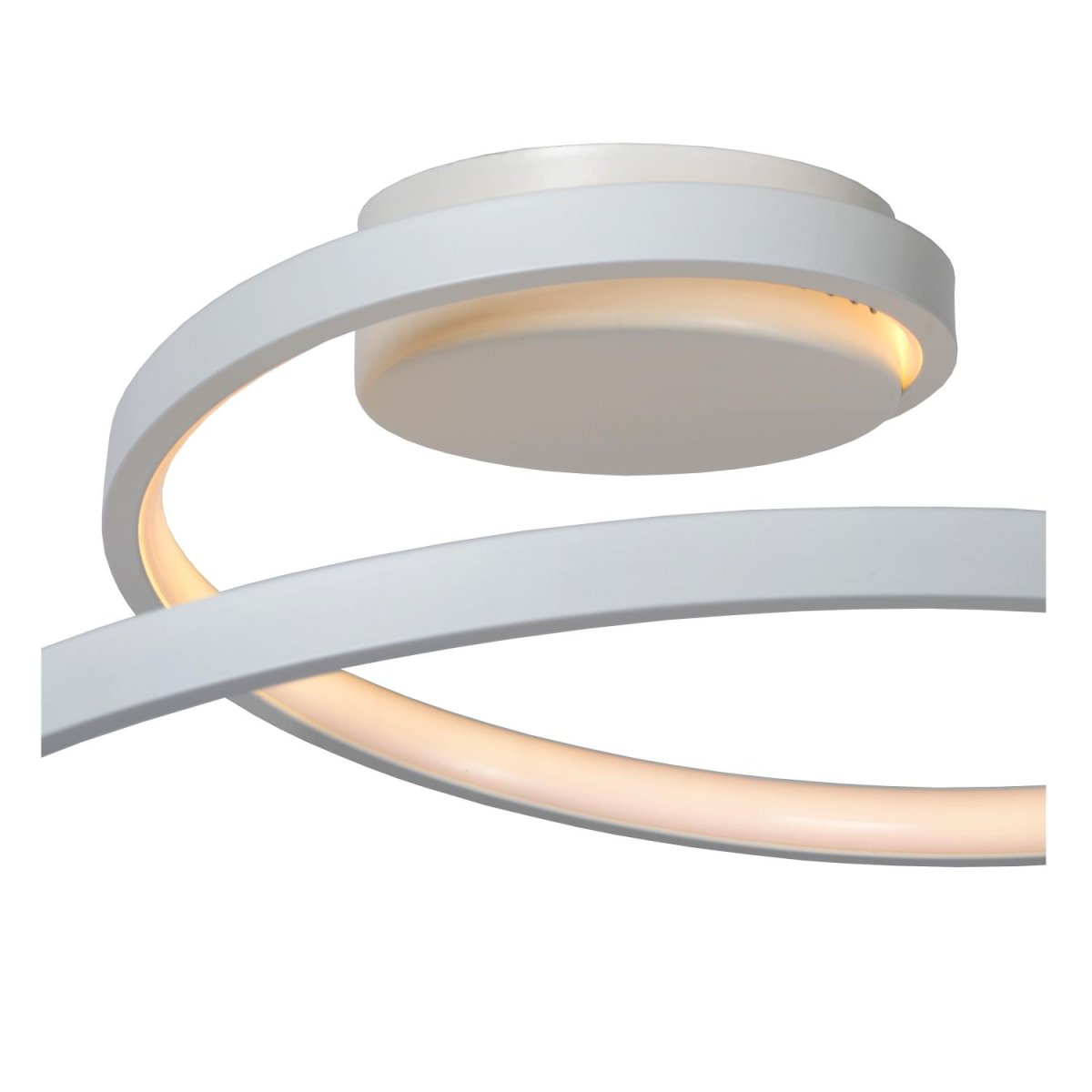 Maxence Ø46 Hvit plafond Fra Lucide - Med sin elegante og vridde design i PVC strekker Maxence seg over 35 centimeter og vil garantert tiltrekke seg oppmerksomhet.