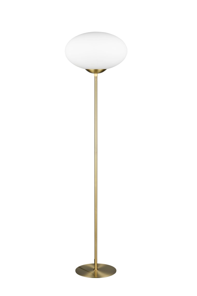 Fomento Matt messing gulvlampe Fra Trio Lighting - Kombinasjonen av matt messing og hvitt glass skaper en følelse av luksus og raffinement.