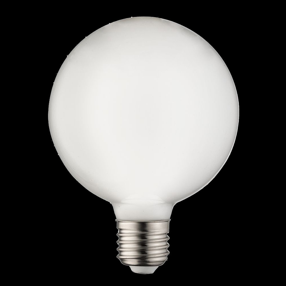 E27 Globepære opal 7W 2700K dimbar Hvit Fra Unison - Dette er en LED HG globelampe med en diameter p&aring; 100 mm og en E27 sokkel i opalt glass.
