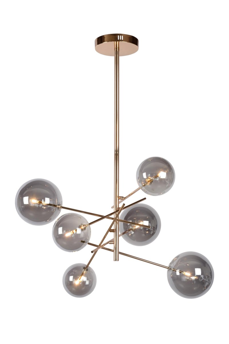 Alara Ø72 Gull Taklampe Fra Lucide - Alara er en sofistikert lampe med seks elegante glasskuler og en gullfarget sokkel, som gir rommet en luksuri&oslash;s f&oslash;lelse.