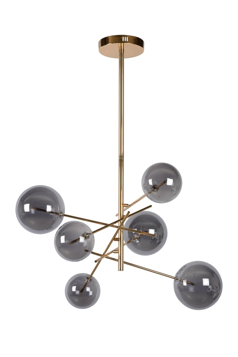 Alara Ø72 Gull Taklampe Fra Lucide - Alara er en sofistikert lampe med seks elegante glasskuler og en gullfarget sokkel, som gir rommet en luksuri&oslash;s f&oslash;lelse.