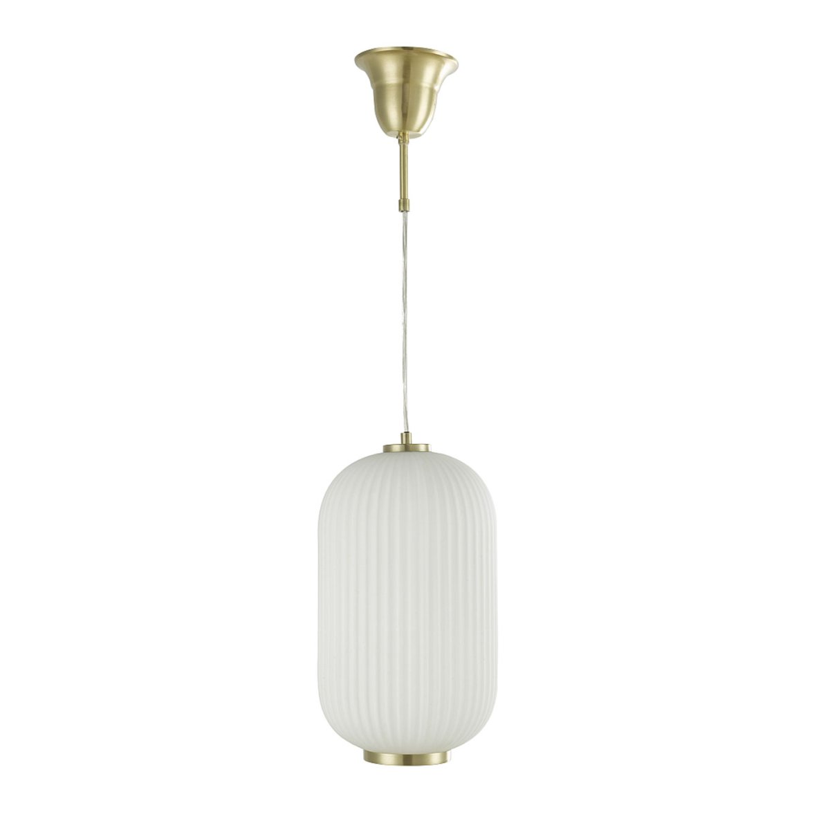 Nicki Ø20 Børstet messing Taklampe Fra Oriva - Denne elegante taklampen i frostet glass med ribbet overflate og detaljer i børstet messing gir hjemmet ditt et stilig og sofistikert utseende.