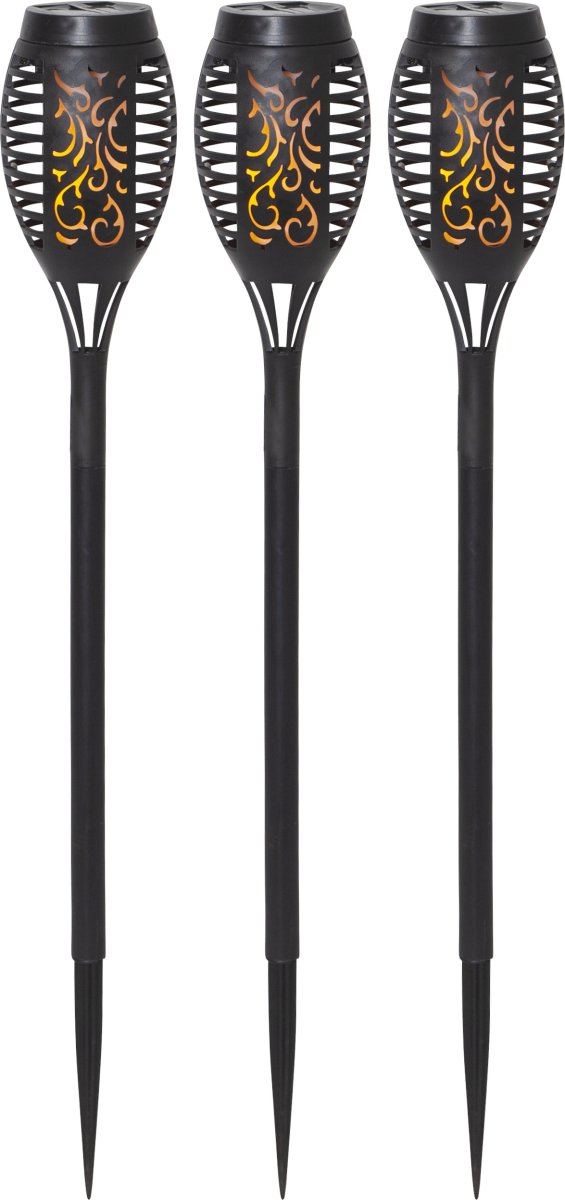 Flame Mini 3-p Svart solcellelampe Fra Star Trading - Perfekt for plassering i blomsterbed, potter eller langs stier i hagen eller på balkongen.