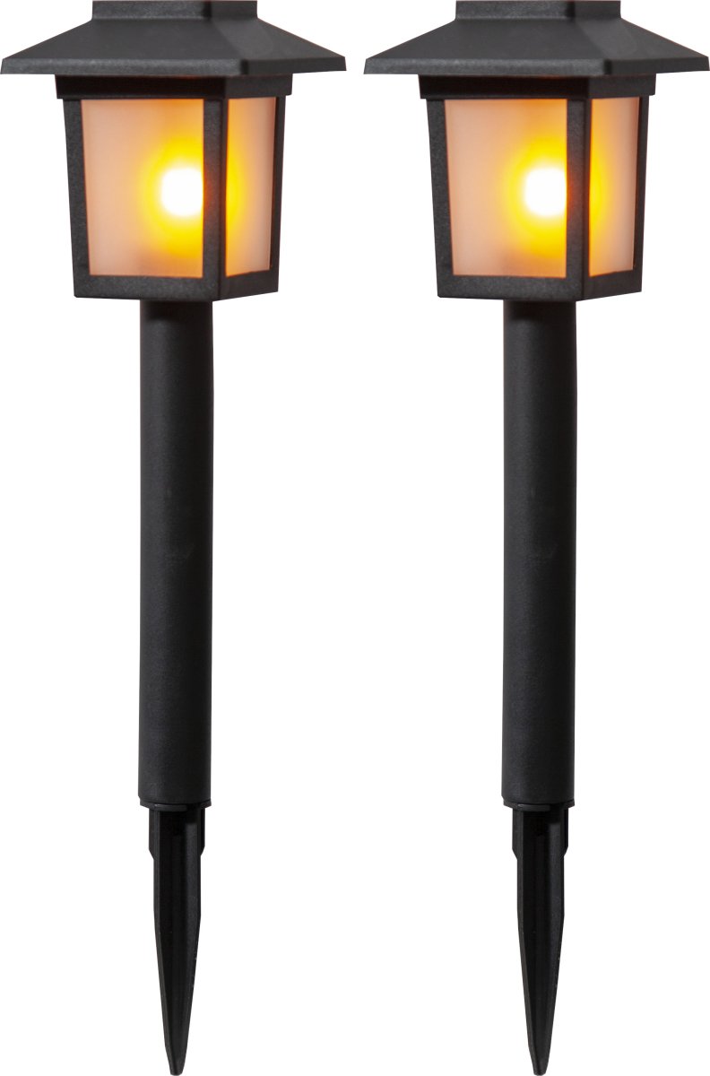 Flame Mini 2-p Svart solcellelampe Fra Star Trading - 2p solcellepullert med et flammende lys.