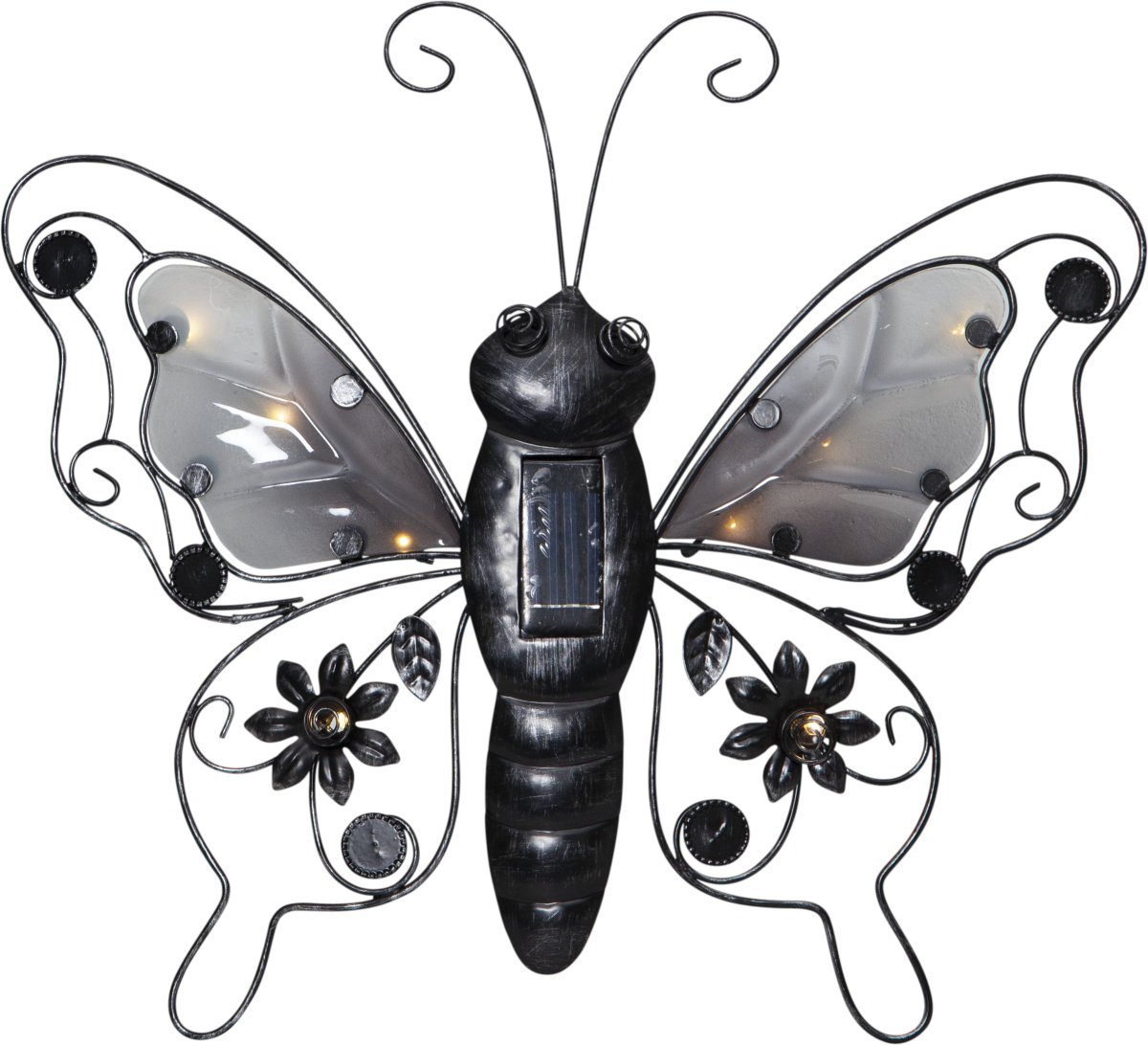 Butterfly Svart solcellelampe Fra Star Trading - Laget av svart metall blir den et stilig innslag på en fasade, et gjerde eller en balkong.