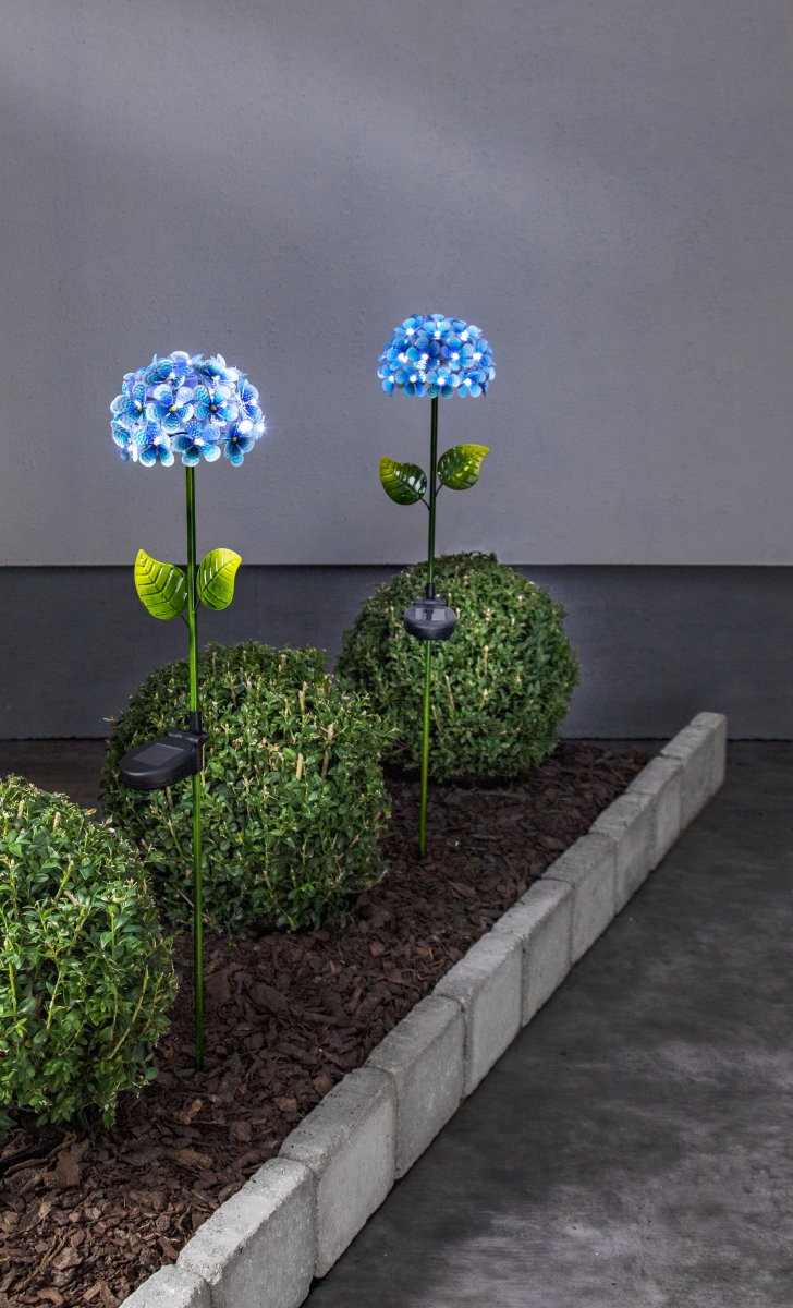 Hortensia Blå solcellelampe Fra Star Trading - De små lyspunktene formet som duggdråper lyser opp blomsten med en kjølig hvit glød og skaper en atmosfærisk effekt om kvelden.