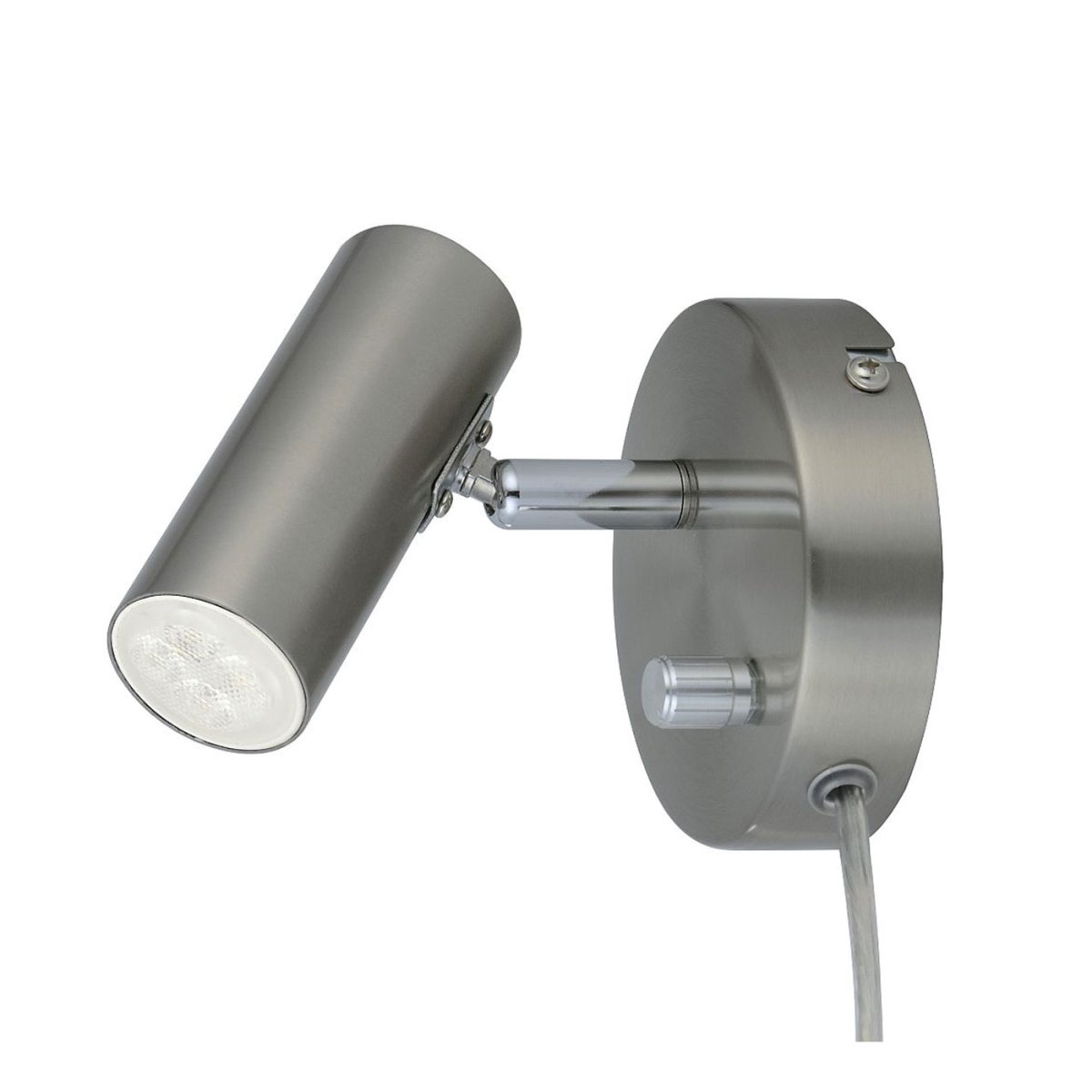 Mini sateng nikkel leselampe Fra Oriva - Den har en bevegelig spotlight og en strømbryter med innebygd dimmer på; veggplaten, som gir deg mulighet til enkelt å justere lyset for optimal belysning.